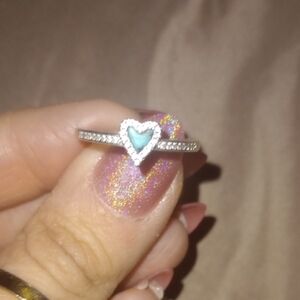 Sterling Silver Heart Ring with Turquoise And Cubic Zerconia  Accents